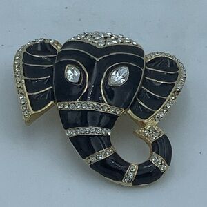 Black and Gold Enamel Bejeweled Elephant Head Brooch